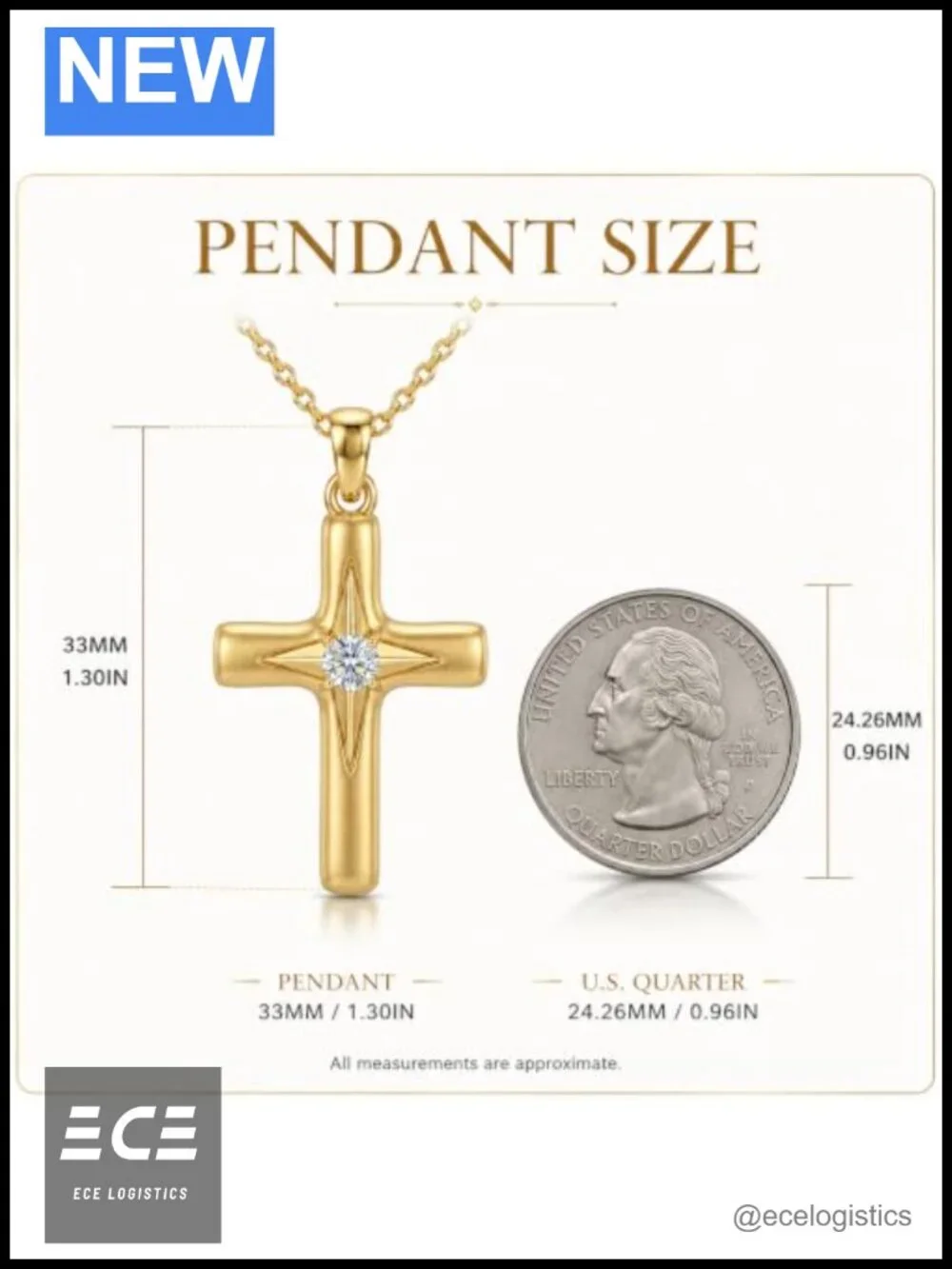 Compass Cross Pendant Necklace Gold Plated Brass Crystal 18 Inch